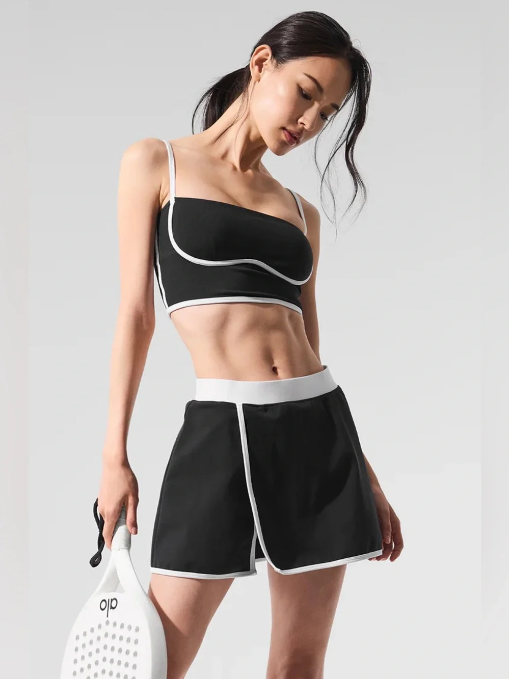 Alo yoga black white airbrush streamlined matching bra tank & skirt set S/XS